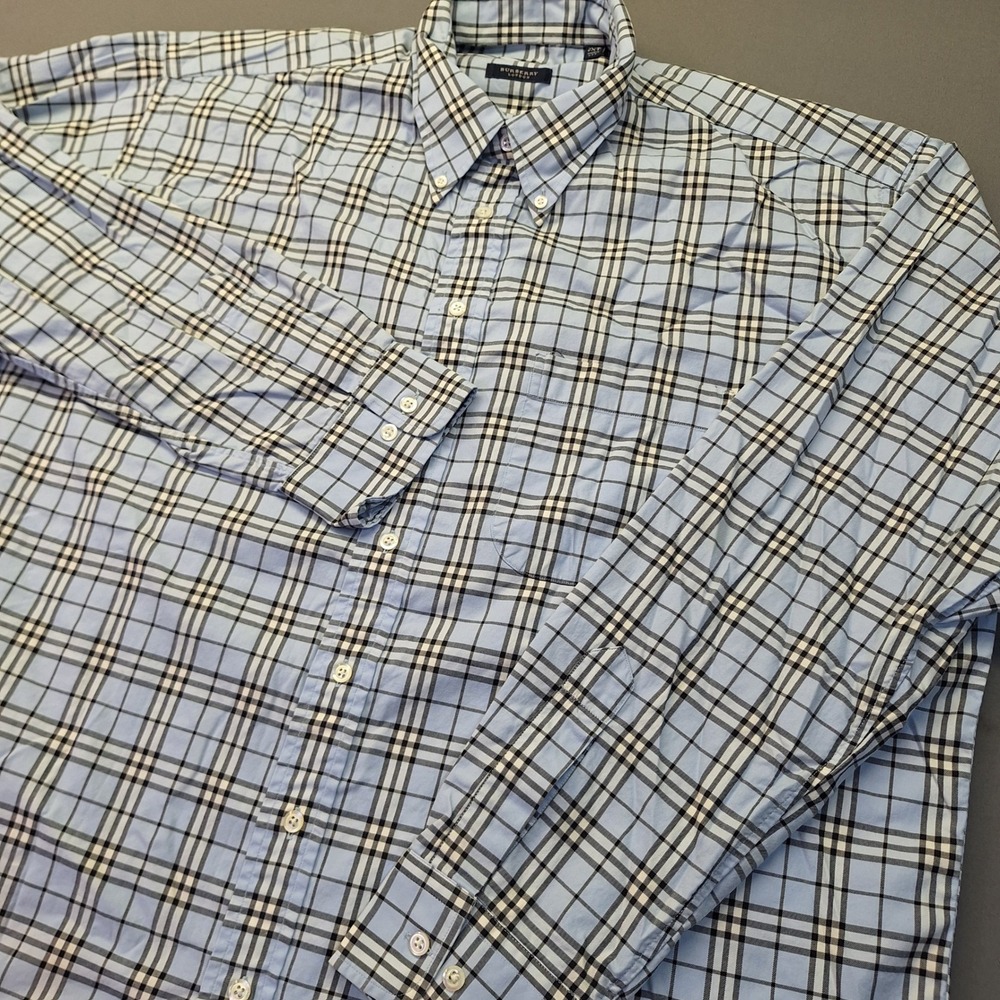 Burberry London Mens 2XT Light Blue Nova Check Plaid Button Down Shirt USA Made